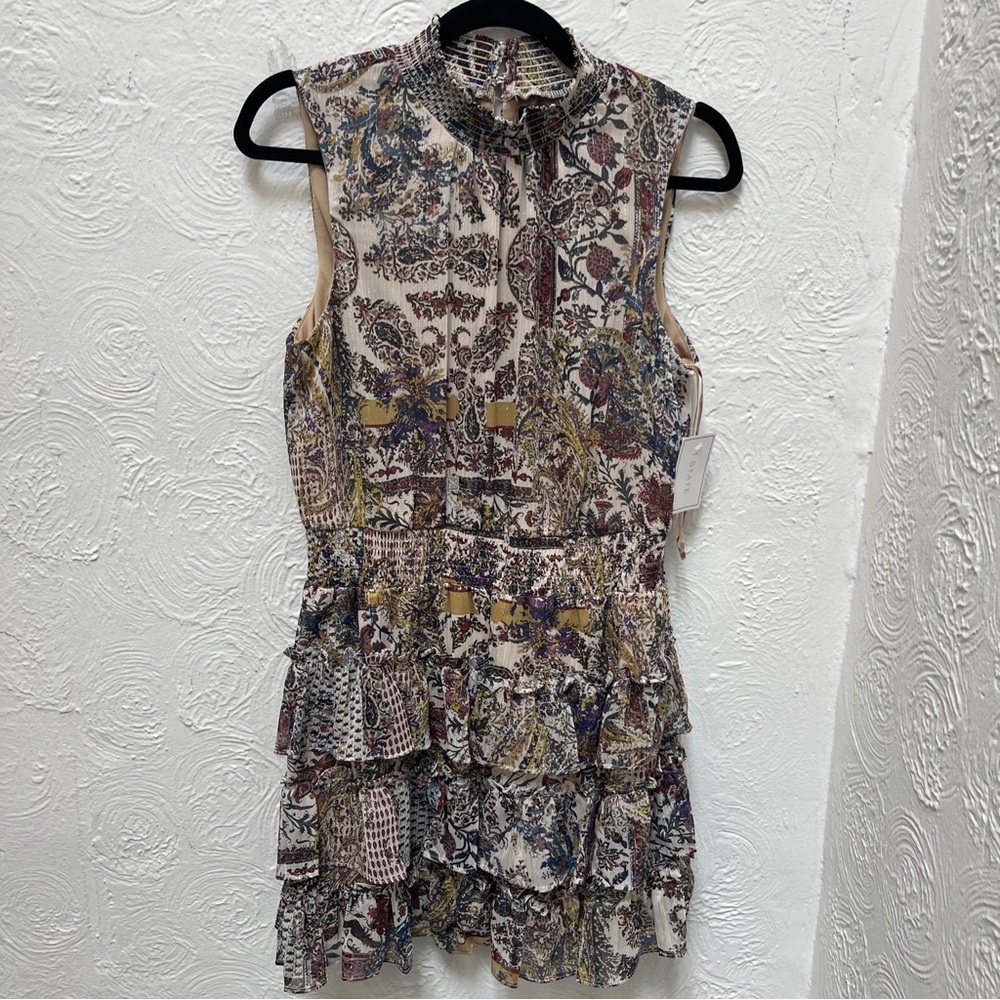 1.State Lurex Smocked Mock Neck Sleeveless Tiered Ruffled Dress Size Lar…